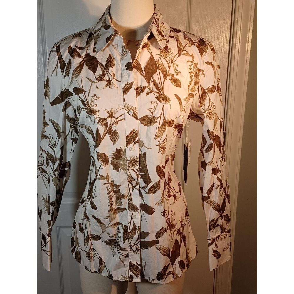 Nordstrom Signature Shirt Womens Medium White Tan Botanical Floral Button Up - Picture 1 of 6